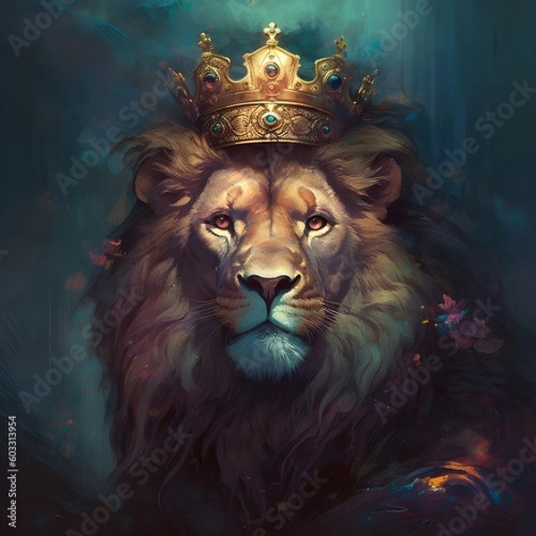 Fototapeta Abstract painting concept. Colorful art of a lion with a crown, Animals, Lo-fi, lo fi Generative AI.