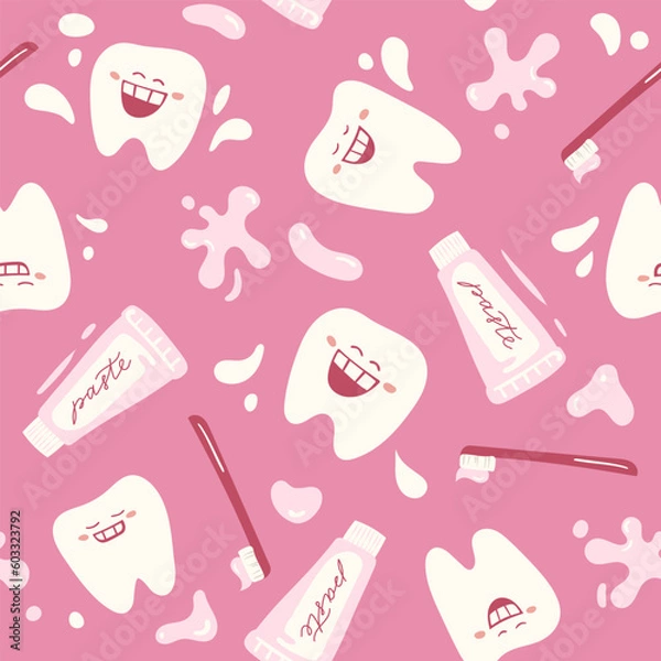 Obraz Seamless pattern with cute teeth on pink background, dental design for kid