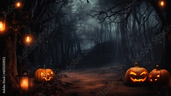 Fototapeta Halloween Pumpkin, Atmospheric gloomy Halloween background with copy space , ai generative, generative ,ai