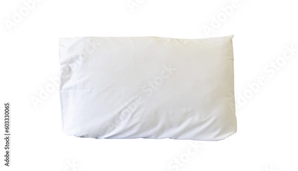 Fototapeta White pillow with case after guest's use at hotel or resort room isolated on white background with clipping path, Concept of confortable and happy sleep in daily life