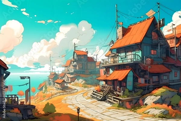 Fototapeta Dreamy Illustration of a Day time Village. Generative AI