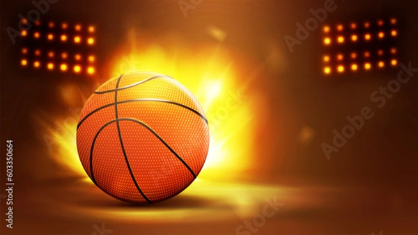 Obraz Gold poster with spotlights and basketball ball on blurred background