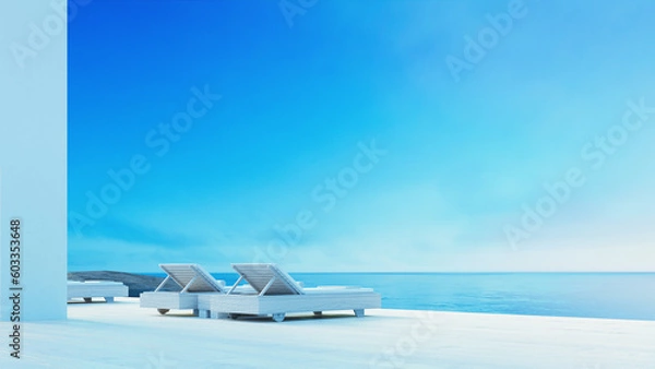 Obraz Beach luxury Lounge Terrace on Sea view - Santorini 

island style - 3D rendering