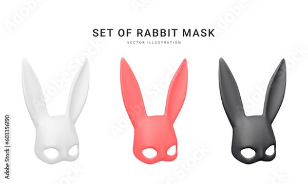 Obraz Set of 3d realistic rabbit mask isolated on white background. Bdsm outfit for the relaxes, sex, and wellness. Template for sex shop or erotic website. Vector illustration