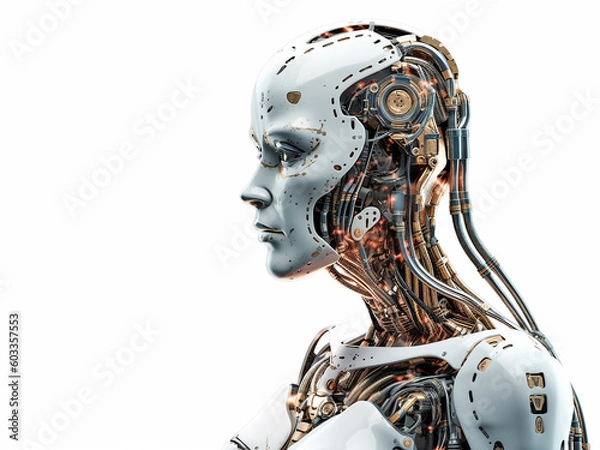 Fototapeta The face of a humanoid robot on an isolated background and close-up. Generative AI