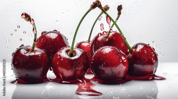 Fototapeta red cherries with water drops isolated on white background, a tempting image of freshness and summertime. generative ai