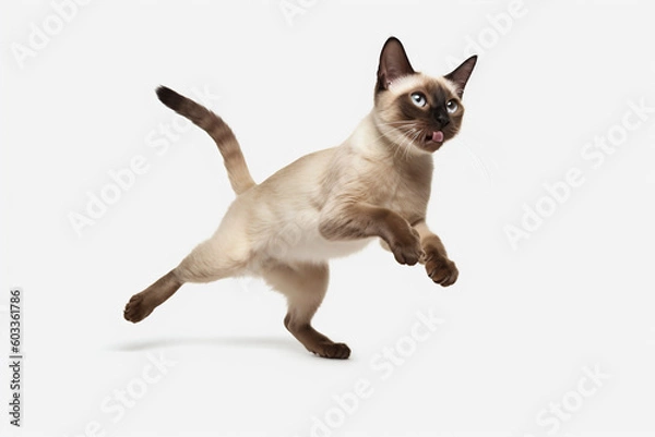 Obraz Siamese cat jumping on a white background. Banner concept for petshops and pet niche ecommerce. Generative AI