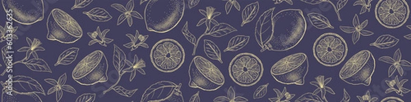 Obraz Hand drawn lemon seamless pattern. Outline citrus fruit with flowers and leaves. Vector illustration.