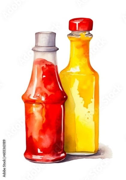 Fototapeta Watercolor illustration of mustard and ketchup in glass bottles on white background. Generative AI.