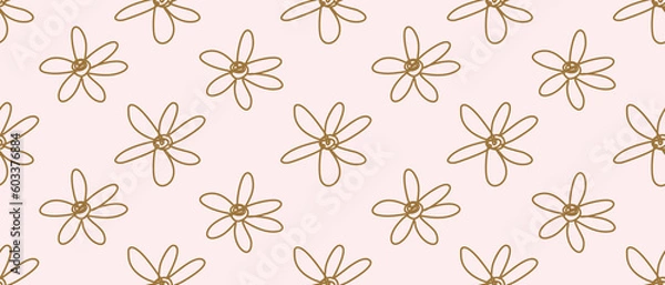 Fototapeta Hand Drawn Irregular Floral Seamless Vector Pattern. Freehand Gold Daisy Flowers Isolated on a Light Pink Background. Simple Abstract Garden Repeatable Design. Floral Endless Print ideal for Fabric.