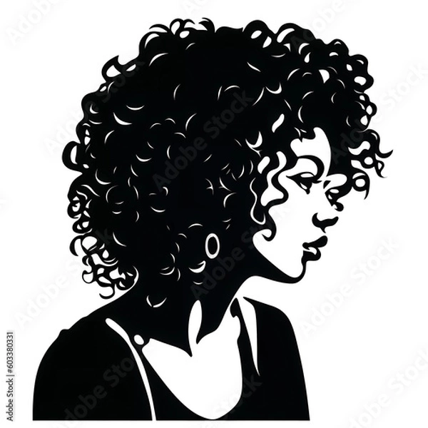 Fototapeta Black Silhouette of a Curly-Haired Girl, Side Portrait Isolated on Transparent Background. Generative AI