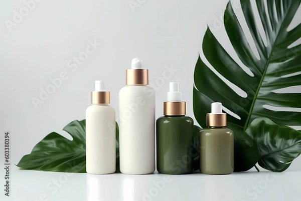 Fototapeta Pure natural cosmetic products at color background. Cream, mask, lotion for face and body care. Top view image with copy space. Generative Ai.