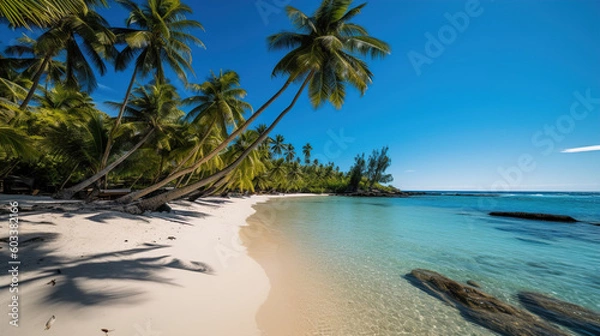 Fototapeta A tranquil beach scene with an idyllic lagoon, surrounded by turquoise ocean water and palm trees in the tropical climate of French Polynesia.
