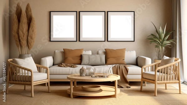 Obraz Picture frame mockup, empty wooden picture frame, elegant, bright light, sunny day.