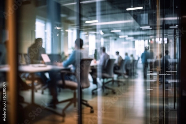 Fototapeta Blurred office cubicles with employees engaged in work discussions, business, blurred Generative AI