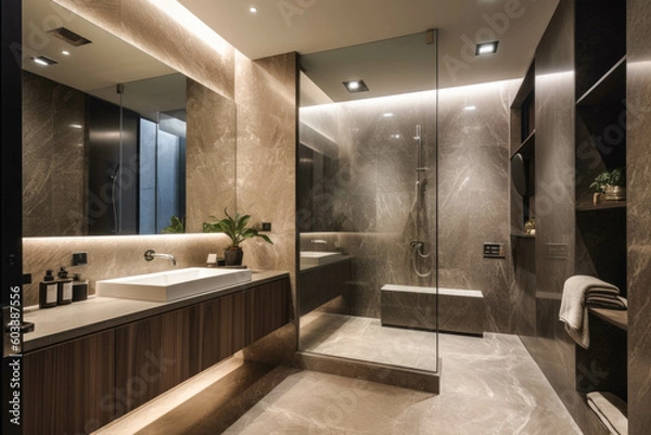 Obraz A sleek and modern bathroom with a floating vanity, a glass-enclosed shower, and ambient lighting for a contemporary and spa-like experience. Generative AI
