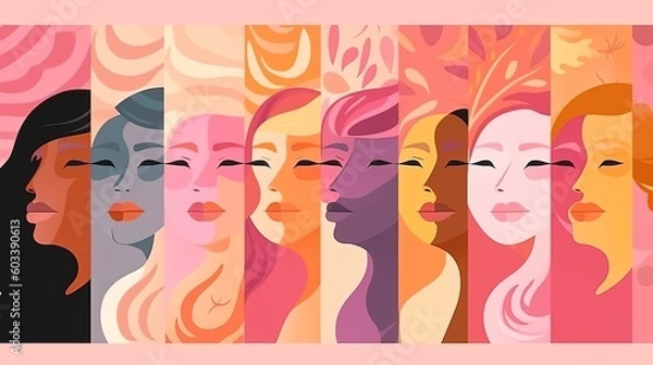 Fototapeta LGBT pride month. Women's month. Women of different nationalities and cultures: African, European, Asian, Arab. Fight for rights, independence, equality, LGBT. Women's entrepreneurship. Generative AI