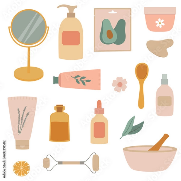 Fototapeta Set of natural organic cosmetic products and tools. Tubes, bottles, mirror, face roller, sheet mask