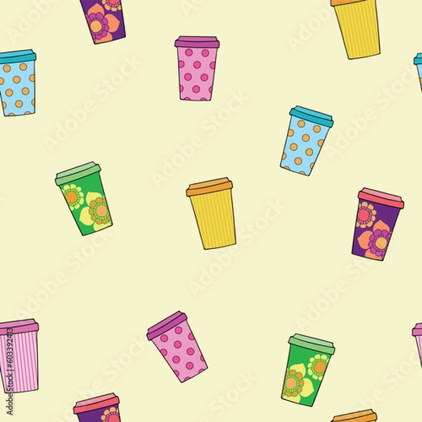 Fototapeta Vector abstract coffee cups repeating pattern background.