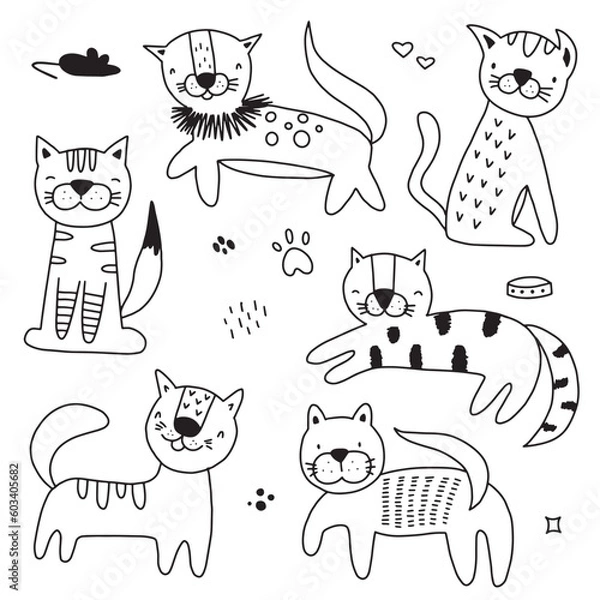 Fototapeta Set with cute cats in different poses in doodle style. Hand drawn vector illustration isolated on white background for baby fabric.