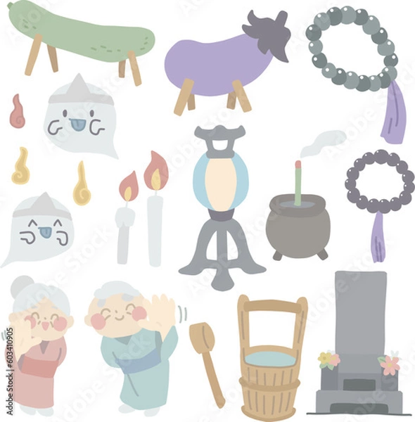 Fototapeta お盆をイメージしたカラーイラストセット