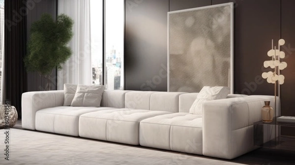 Fototapeta Modern white alcantara sofa for true luxury into a stylish living room, you want a couch like this at the end of every working day. Generative AI Technology 