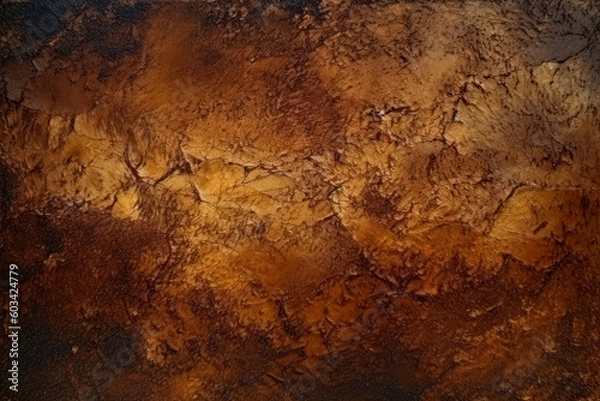 Fototapeta Metallic gritty texture on a brown/ goldend rust background, dark, moody. Generative Ai Illustration.
