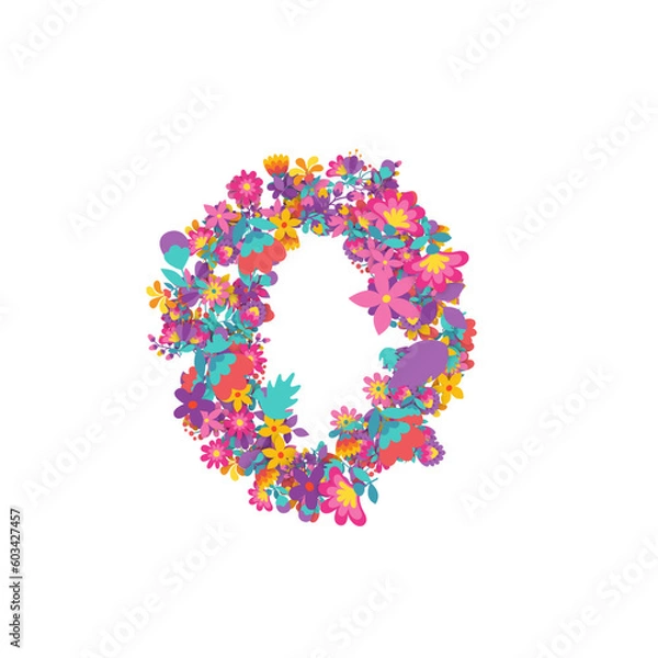 Fototapeta set of numbers made of flowers, creative alphabet, 3d illustration, zero