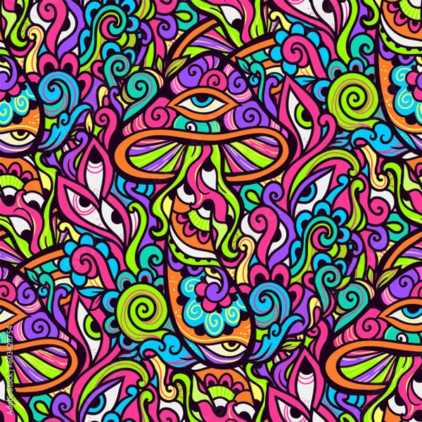 Fototapeta Magic Mushrooms. Psychedelic pattern. Vector illustration. Zen art. Decorative mushrooms, hippie, hallucination psilocybin 60s 70s