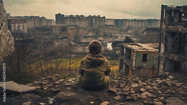 Fototapeta Capture of a Child's Imaginative Solitude in an Abandoned Apocalyptic City - Generated AI