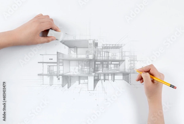 Fototapeta 손_필기_지우개_주택 도면 스케치