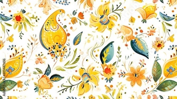 Fototapeta  a white background with yellow and blue flowers and leaves on it, and a bird on the right side of the image, and a yellow and blue bird on the left side of the right.  generative ai