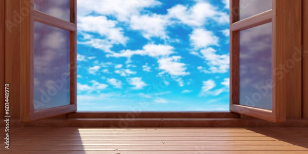 Fototapeta Empty wooden table, blue sky and clouds view out of open window.