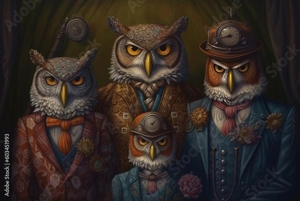 Fototapeta Feathered Family Portraiture Detailed Owl Costumes on Display Generative AI