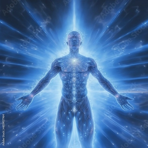 Fototapeta a human body with healing abilities, lights, blue, silver, surreal, science, glowing , superpowers a photograph by arold edgerton
