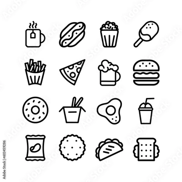Fototapeta Fast food vector icon set with text. Pizza, taco, hamburger, fries potatoes, popcorn, ramen noodle soup, hot dog, popcorn, ice cream, chips, hot dog, donut, sandwich.