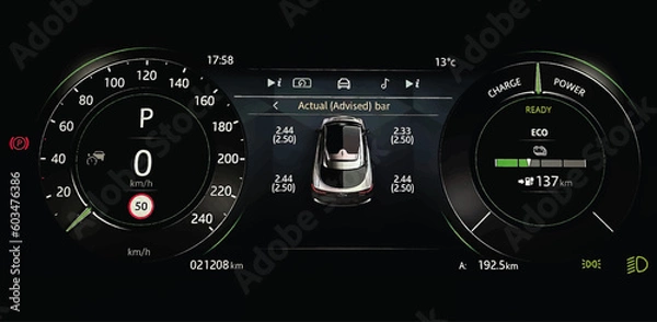 Fototapeta TPMS (Tyre Pressure Monitoring System) display on car dashboard panel. Checking tires pressures. Full digital car cluster with speedometer and odometer. Electric vehicle EV. Vector illustration.