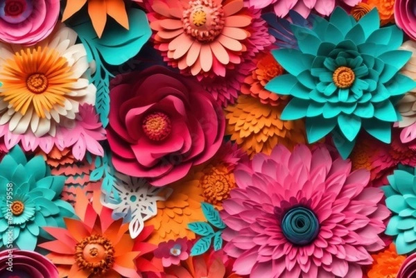 Fototapeta Digital illustration of a seamless tile pattern, colorful paper flowers, horizontal rectangle orientation, generative AI
