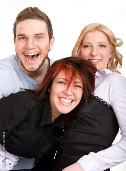 Fototapeta Happy three friends on isolated white background
