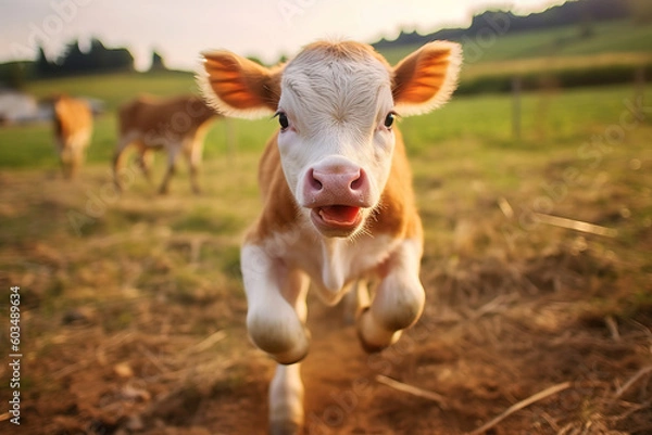 Obraz young white and brown calf jumping and looking at the camera