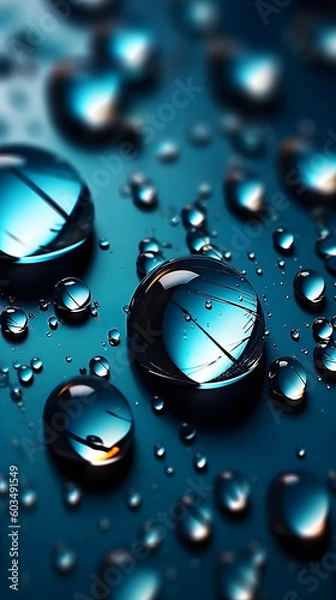 Fototapeta Mobile Wallpaper Water Drops on Blue Metallic Surface. Generative Ai.