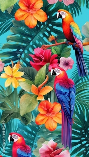 Obraz Exotic flowers, and colorful birds against a backdrop of a picturesque beach or sunset. parrot tropical backdrop and parrot themed greeting card. Generative AI