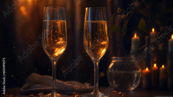 Obraz christmas story. two glasses of champagne.  Copyspace. Generative AI
