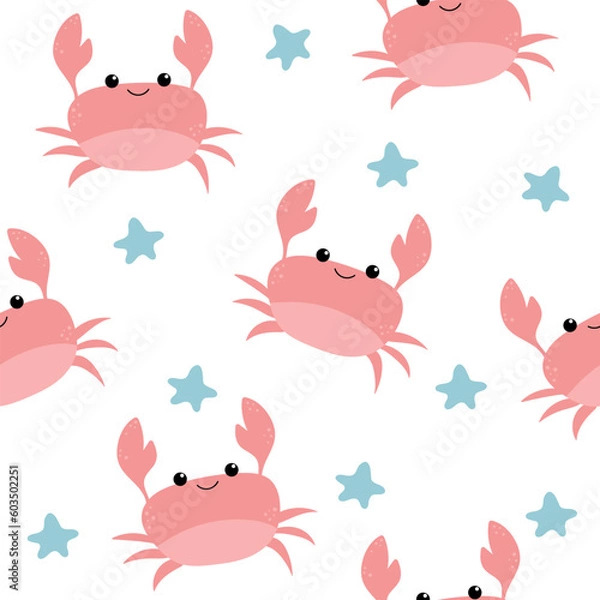 Fototapeta Seamless marine pattern with hand drawn crab. Sea life vector illustration. Vector colorful childish seamless repeat simple flat pattern with crab and starfish on white background.