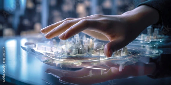 Obraz Innovative holographic architecture crafted by hand, depicting eco-friendly futuristic cities in an urban planning studio, emphasizing sustainable solutions and urban transformation. Generative AI