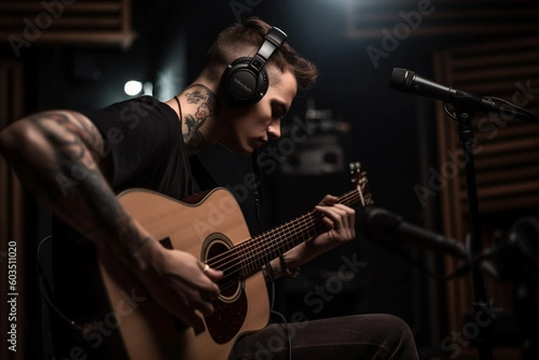 Fototapeta a fictional person, young man playing a guitar in a recording studio