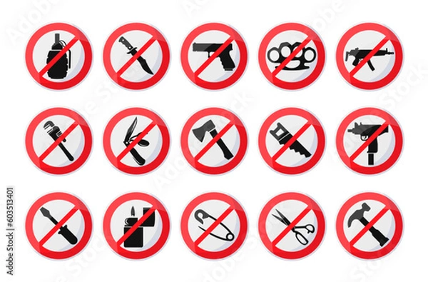 Fototapeta Prohibited items crossed circle badge for safety security warning control set vector illustration