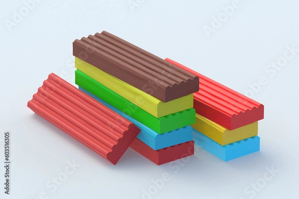 Fototapeta Heap of plasticine bricks on gray background. Modeling clay. Toy for kids. Preschool education. 3d render