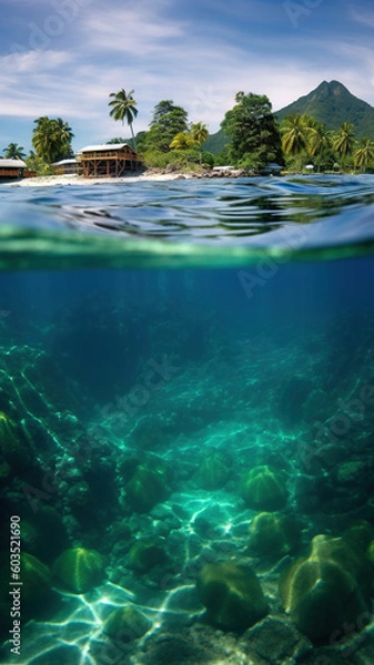 Fototapeta Tropical island above and underwater - generative AI, AI generated