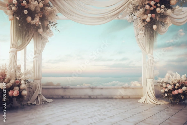 Fototapeta A wedding stage with a view of the sea and the word love on it